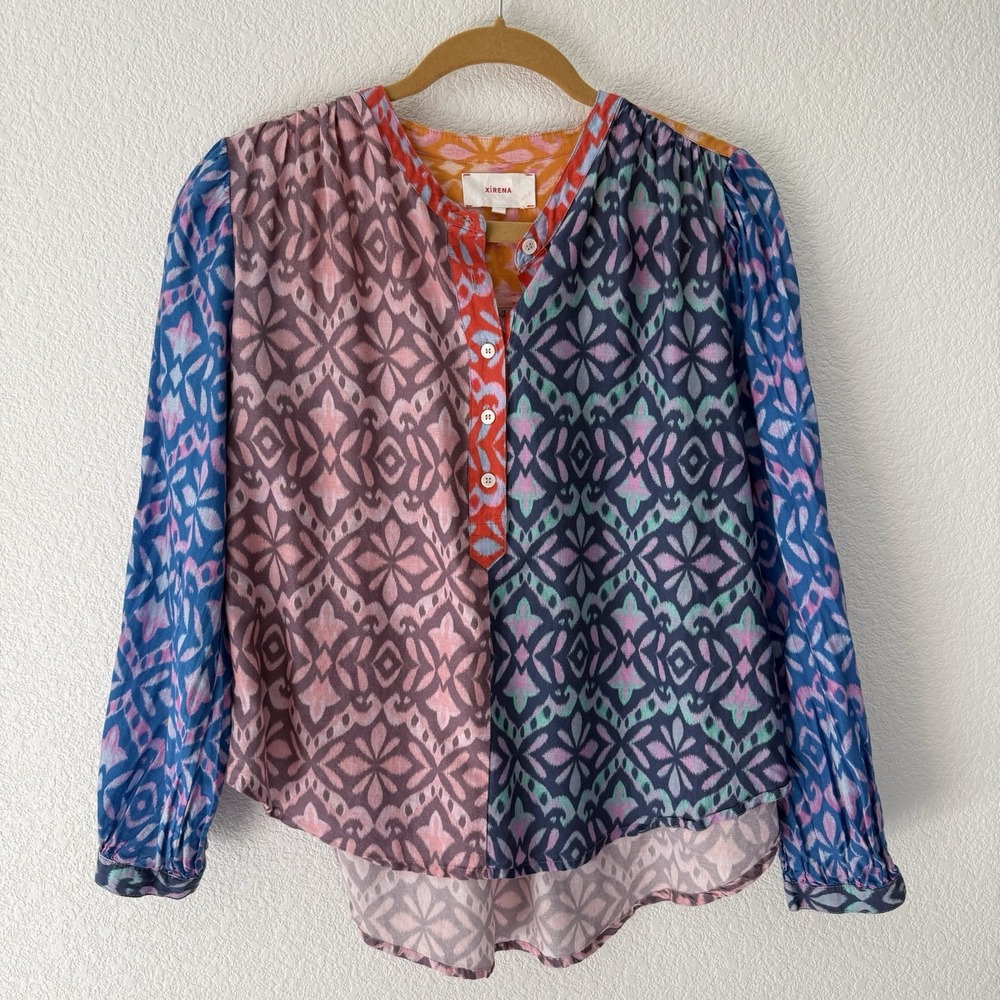 XiRENA Multicolor Printed Silk Button-Front Blouse — Pink, Blue, Purple, Orange